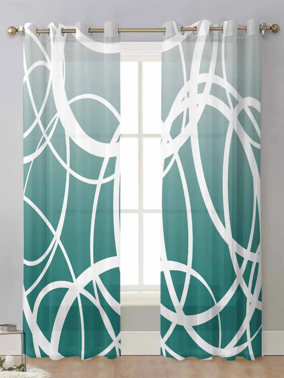 

Abstract Geometry Square Circle Line Green Sheer Curtains For Living Room Window Voile Tulle Curtain Cortinas Drapes Home Decor