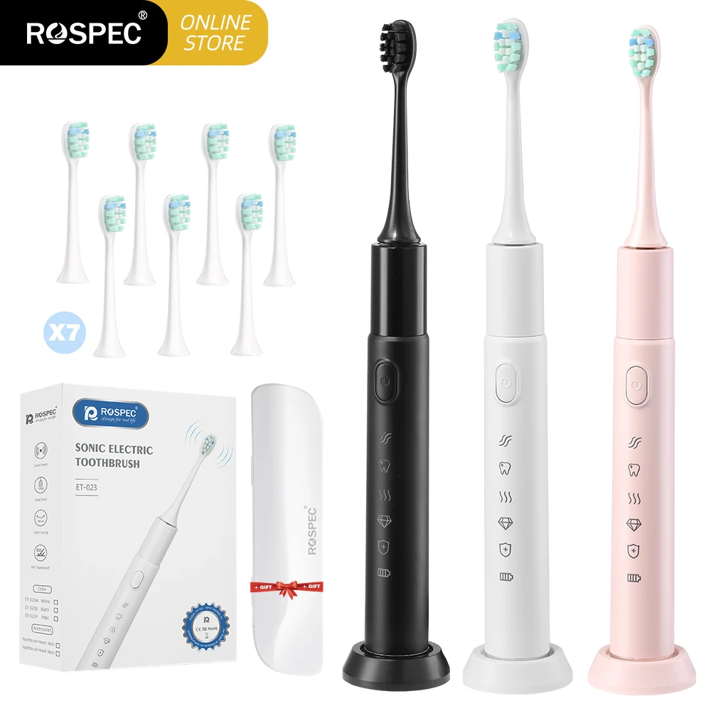 

Rospec Sonic Electric Toothbrush Cordless USB Rechargeable Household Toothbrush 5 Mode Waterproof Charger Replacement Heads Set