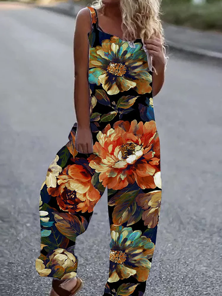 2021 Loose Simple Overalls StreetwearSummer Retro Off Shoulder Women JumpsuitsFashion Sexy Floral PrintedRompers Lady Casual