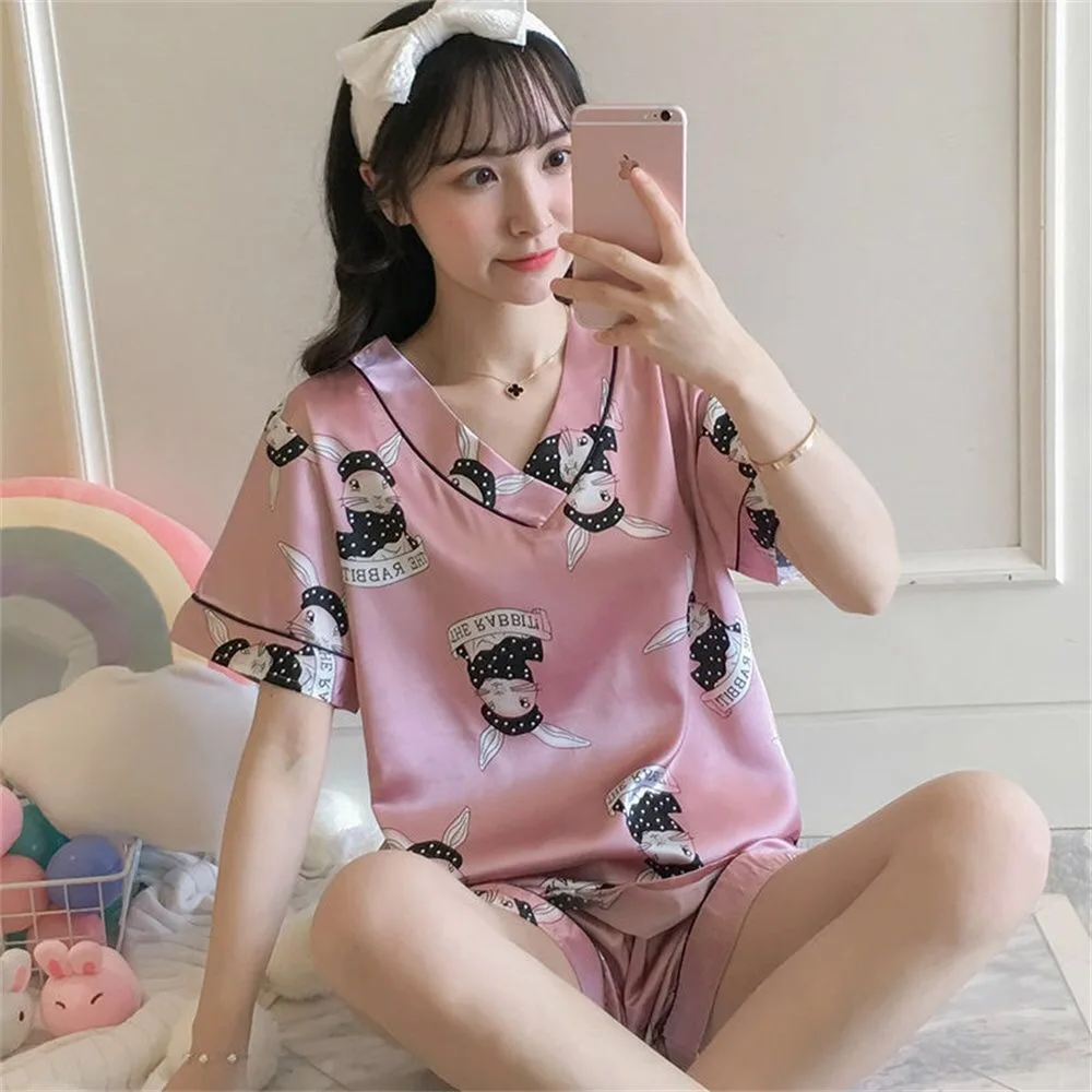 Ice Silk Pajamas Women's Summer Short-sleeve Shirts Thin Sweet  Popular Silk Home Clothes Two-piece Suit