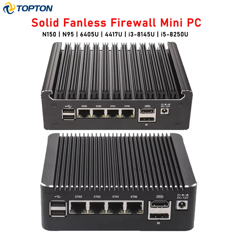 Фото Безвентиляторный мини-ПК-файрвол Solid Fanless на базе Intel i5-8250U, N95, N150, Pentium 6405U, 4417U с 4x2.5G LAN, DDR4, NVMe для OPNsense, pfSense, домашнего сервера №1