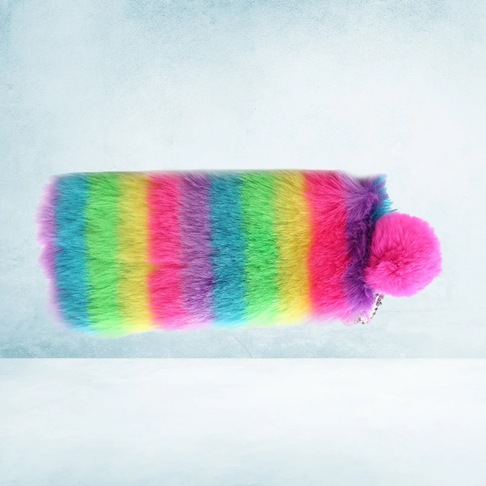 

Plush Rainbow Fluffy Handbag Pouch Makeup Organizer Students Stationery Purse Lovely Pen