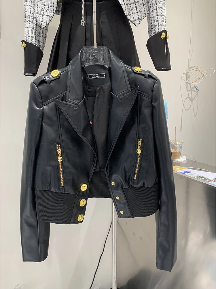 HIGH QUALITY 2023 New Designer Women's Lapel Pu Leather Motorcycle Short Jacket