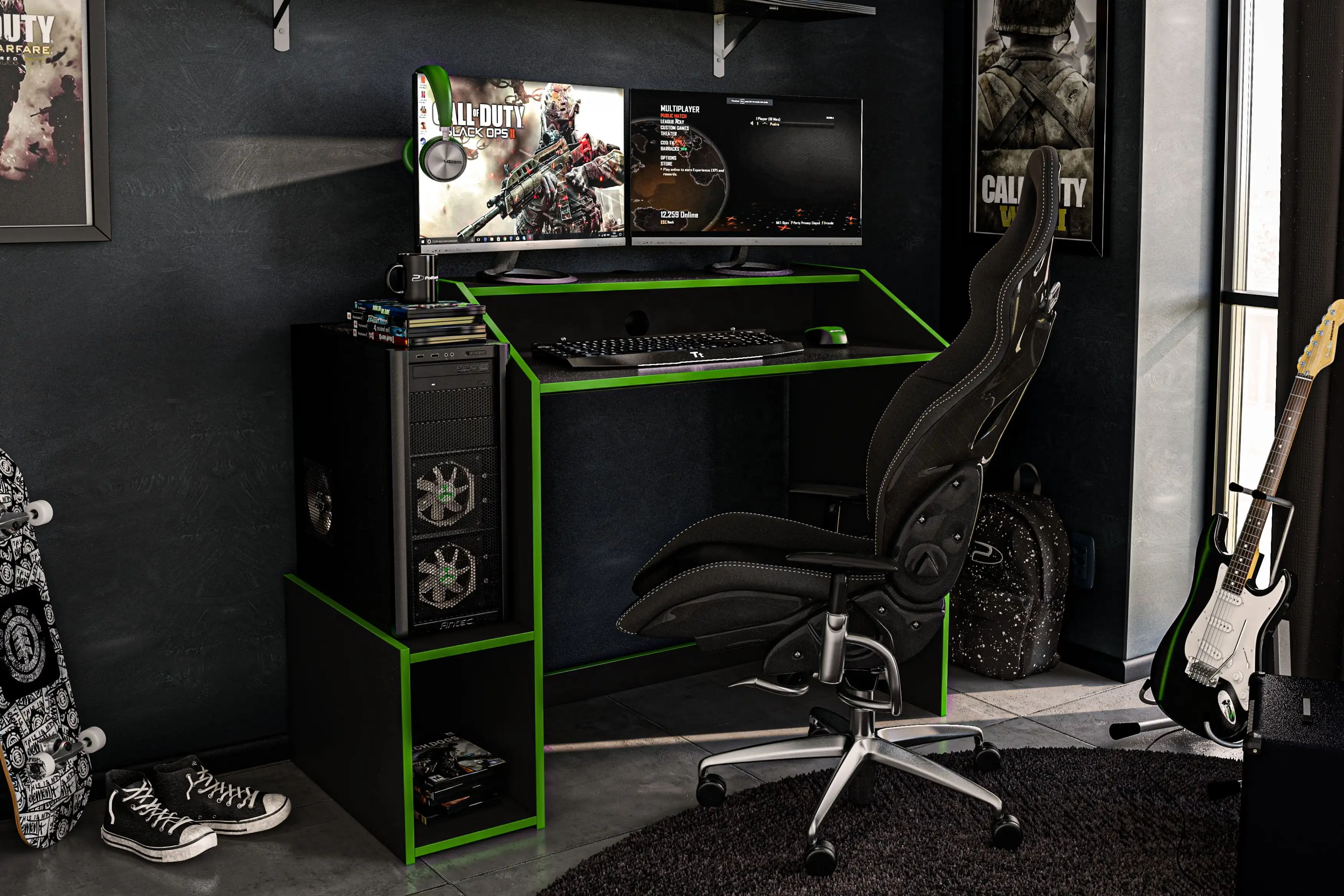 

Legend Modern 45" Wood Gaming Desk with Monitor Stand, Black and Green Finish Home Office Gaming Desk PC Writing T