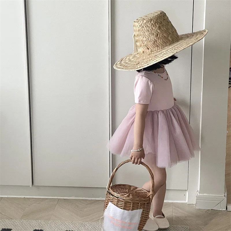 

New Summer Girl Baby Solid Backless Short Sleeve Princess Dress Children Splicing Thin Mesh Casual Dresses For Party And Wedding