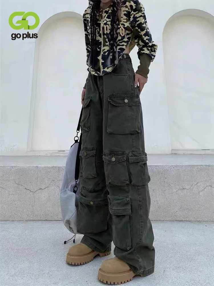 

Брюки GOPLUS женские с завышенной талией, уличные Широкие штаны-карго в стиле ретро, черные брюки-карго, C60590