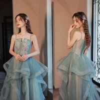 green spaghetti strap prom dress sexy tulle illusion sweetheart elegant appliques tiered princess banquet gonws new