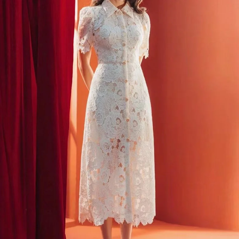 

White Lace Dress Women Vintage Single-breasted Long Sleeve Elegant Bodycon Lady Clothing Hook Flower Hollow Party Vestido Luxury