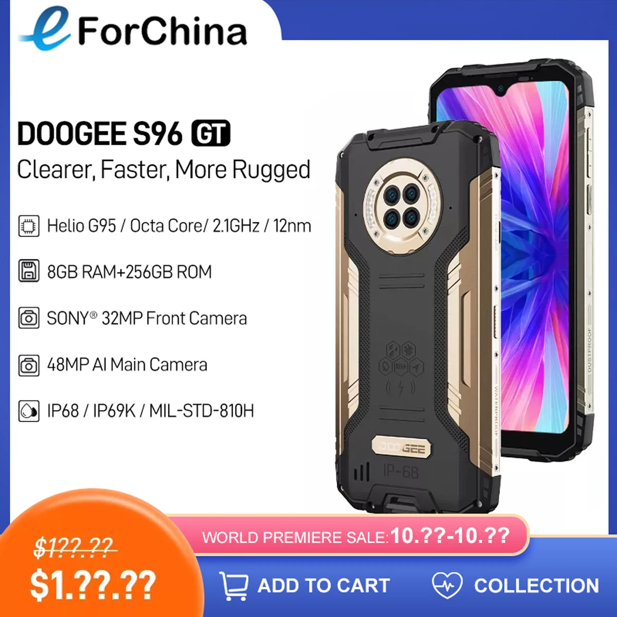DOOGEE S96 GT Rugged Phone Android 12 Helio G95 Octa-Core 8GB+256GB 6.22" FHD+ Smartphone 6350mAh 48MP Main Night Vision 24W
