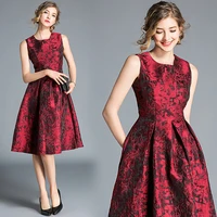 new elegant red jacquard womens dress o neck floral sleeveless vest dresses zipper luxury party robe 3xl autumn a line vestidos