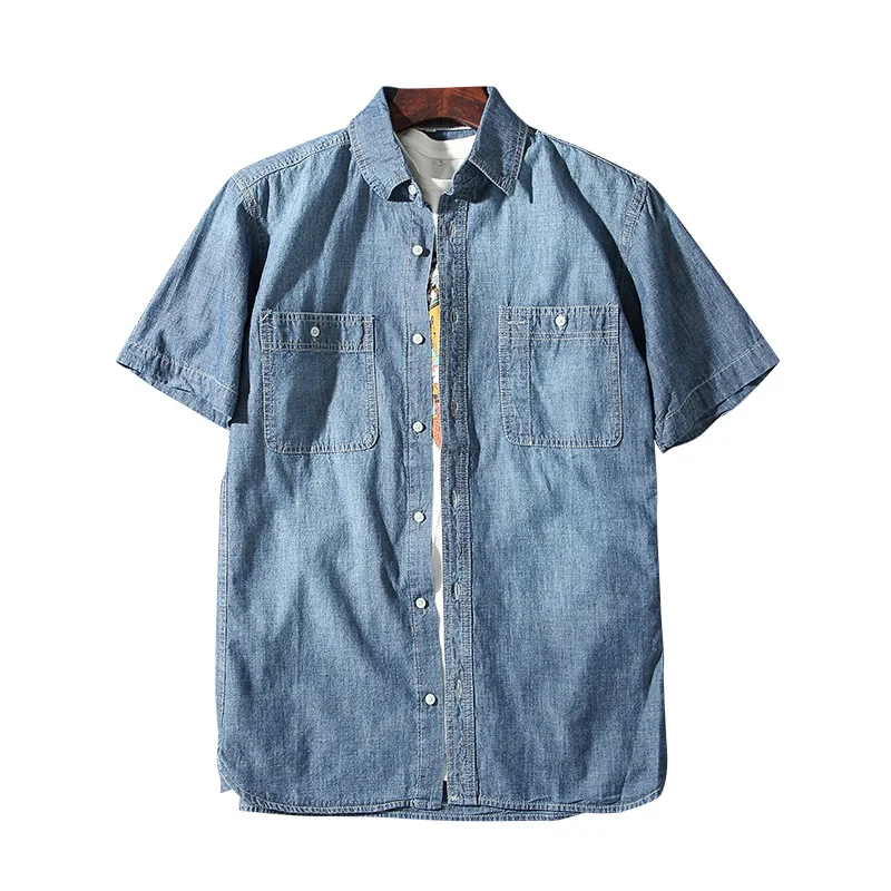 Летняя тонкая Новая мужская джинсовая рубашка с короткими рукавами и двойными