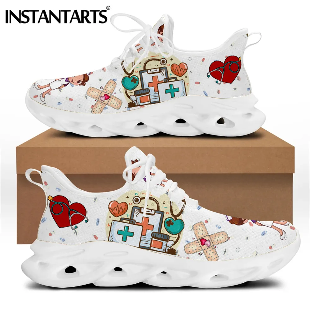 

INSTANTARTS Brand Design Women Sneakers White Nursing Shoes Cute Cartoon Nurse Doctor Medical Print Light Lace-up Flats Footwear