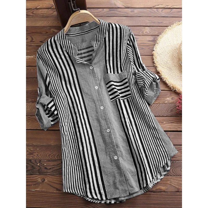 

Women's Spring Fall Cotton Linen Long Sleeves Roll Up Striped Casual V Neck Button Down Shirts Blouses Collar Tunic Tops