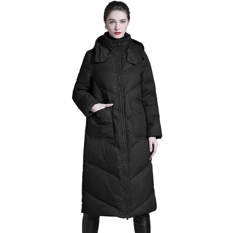 

Новинка 2023 года, женский пуховик длиной выше колена, утолщенный теплый пуховик с капюшоном, ветрозащитный зимний пуховик для женщин G05