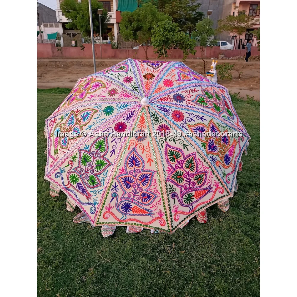 

New Indian Handmade White Peacock Garden Umbrella, Hippie Decorative Theme Wedding Center Piece Table Umbrella
