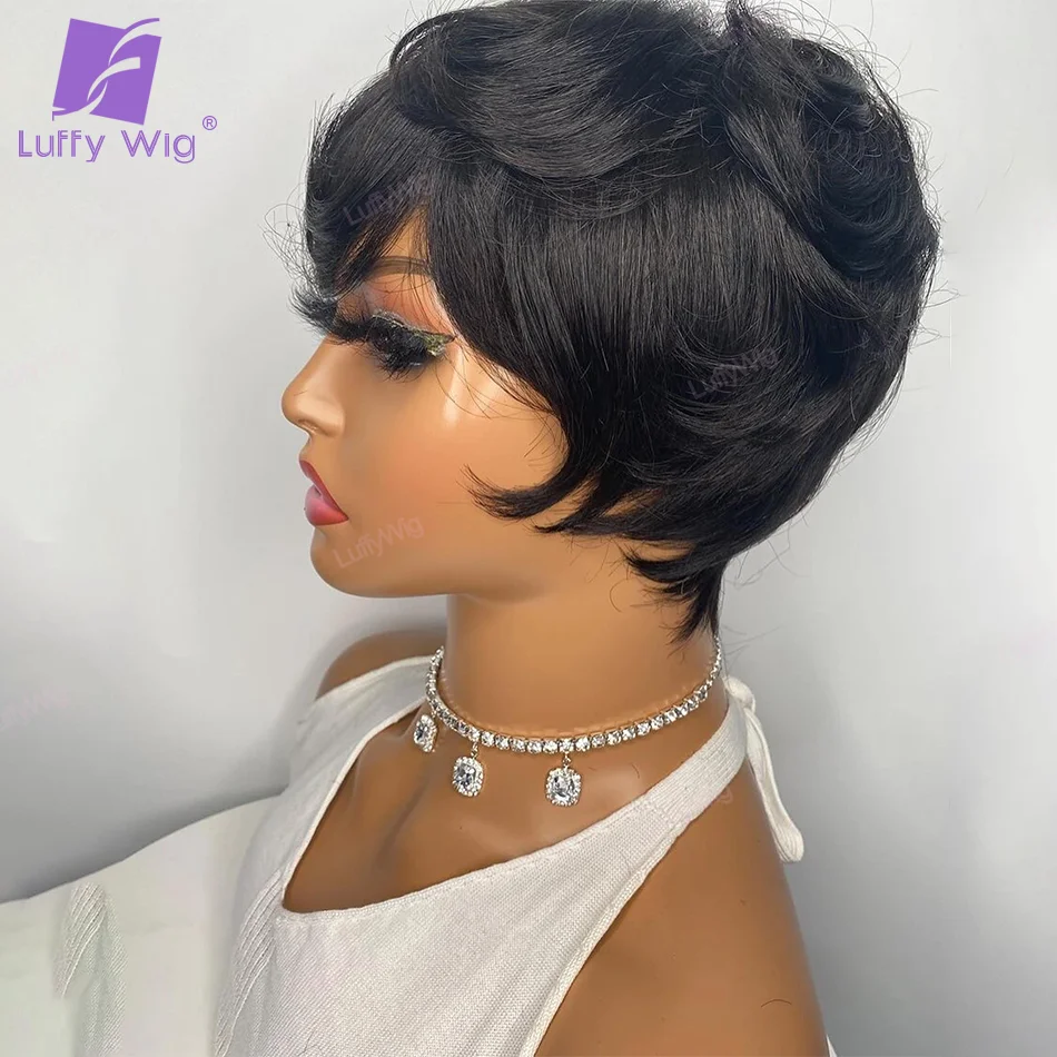 Short Pixie Cut Wig With Bangs Remy Brazilian Full Machine Made O Fake Scalp Top Human Hair Wigs For Woman Straight Bob 150%