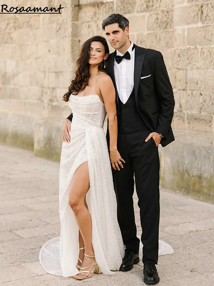 Блестящие блестящие свадебные платья а-силуэта без бретелек с высоким разрезом