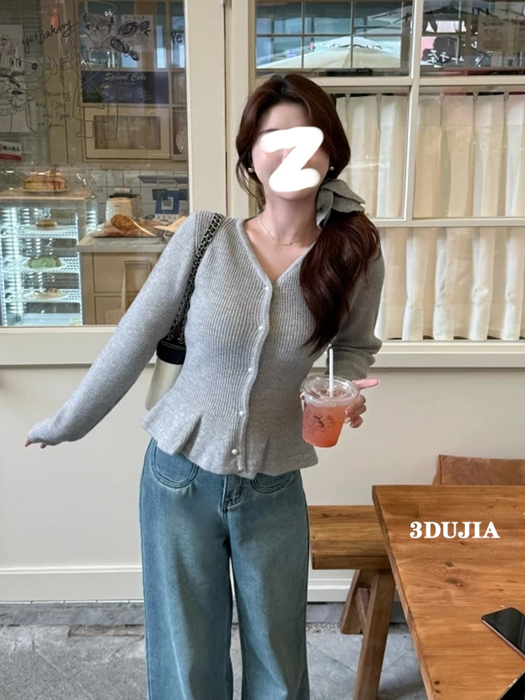 Elegant High Sense Black V-neck Cardigan sweater Women Autumn and Winter New Frill Waist Hugging Slimming Knit