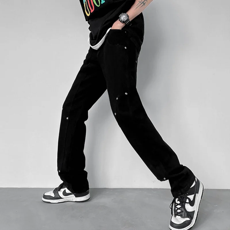 Streetwear Men Recreational Vintage Rivet White Jeans 2022 Fashion New Versatile Loose Straight Cylinder Trousers Autumn Female