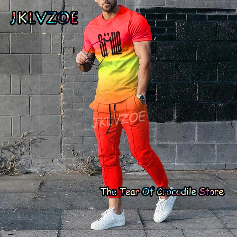 2023 Summer Men's Trousers Tracksuit 2 Piece Set Short Sleeve T Shirt+Long Pants Sportwear 3D Printed Funny Street Clothe