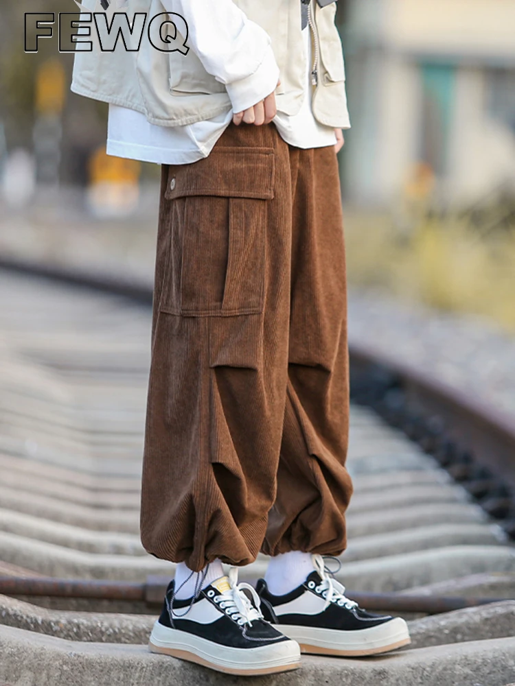 

FEWQ American Style Men's Corduroy Wide Leg Overalls Solid Color 2023 Spring Male Large Pocket Loose Straight Trousers 24A679