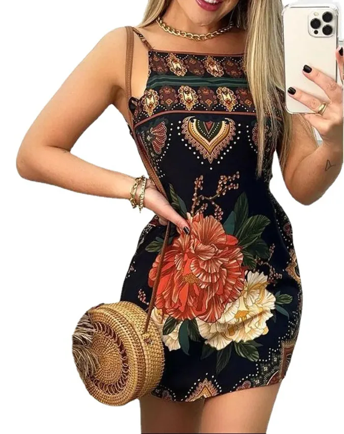 

New Fashion Sexy Backless Off Shoulder High Waist Women Dresses Vintage Baroque Mini Floral Print Dress 2022