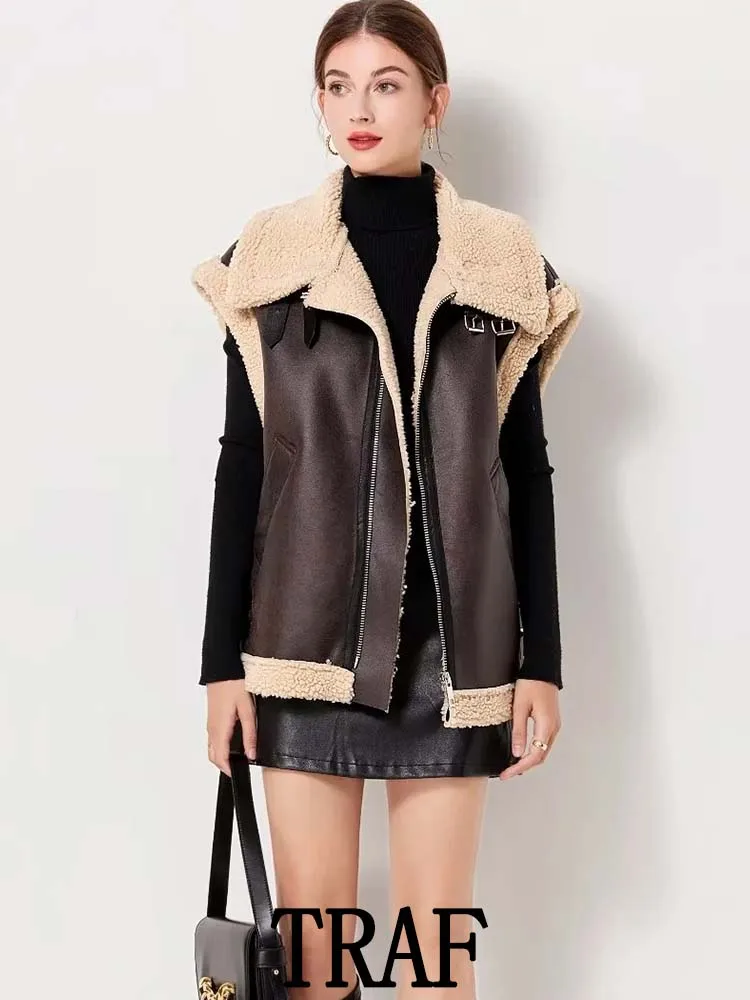 

TRAF 2023 Woman Lamb Fur Imitation Leather Vest Jacket Coat Fashion Sleeveless Autumn Winter Windproof Casual Warm Loose Tops