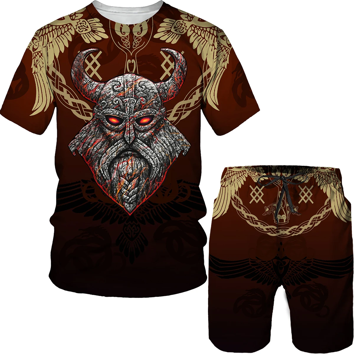 Leisure Vikings Pattern Printing Men's T Shirt Loose O-neck Short Sleeve  Casual Comfortable Shorts 2 Piece Outfit Men Clothing