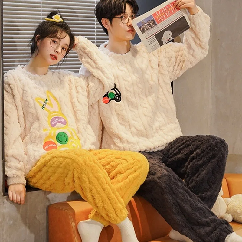 QUHENG 2022 Winter Long Sleeve Couple Thick Warm Flannel Pajama Sets for Men Cute Cartoon Sleepwear Women Homewear Home Clothes