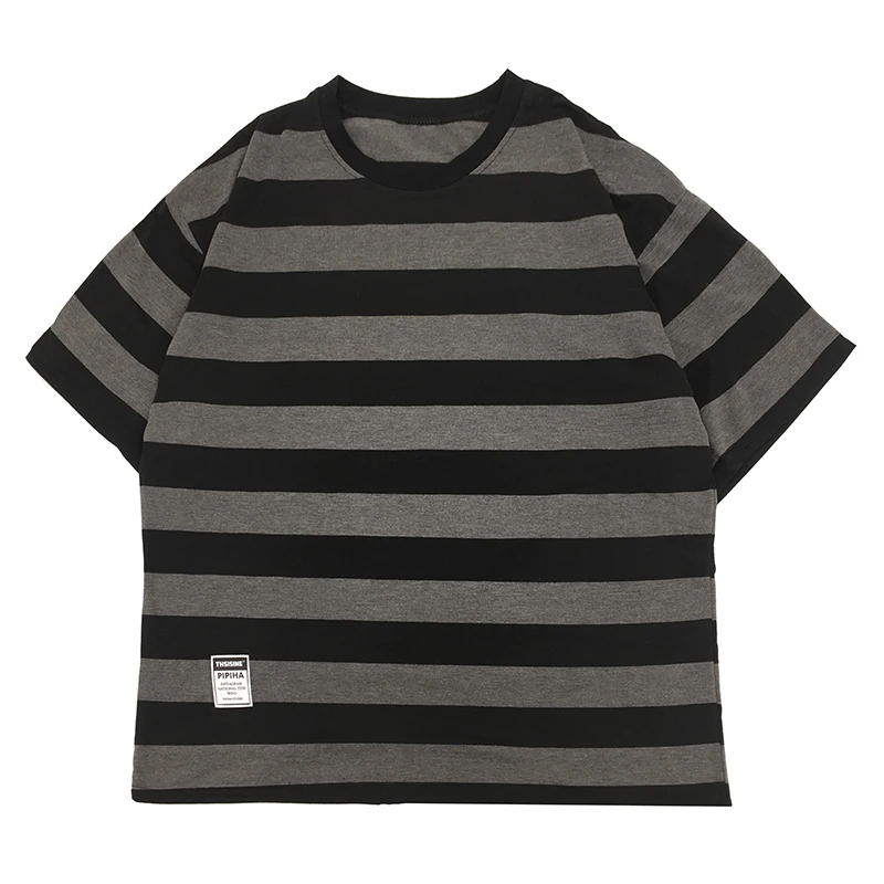

Korean Style Color Blocking Stripes Crew Neck T-Shirt Summer Oversized High Quality Cotton Top Loose Pullovers Couples Clothes
