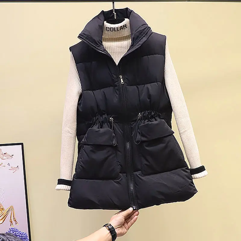 

2022 Women Winter Sleeveless Vest Winter Warm Soild Long Cotton Padded Jacket Female Veats Collar Sleeveless Waistcoat N21