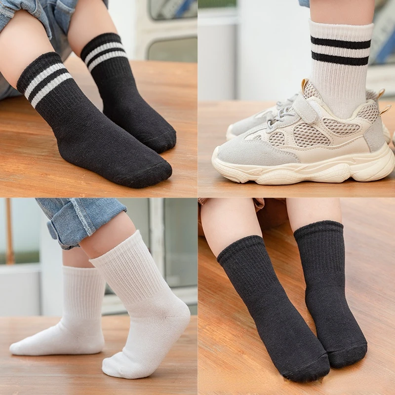 4 Pairs 1-16 Years Kids Socks Boys Girls Spring Cotton Solid Striped School Students Sports Socks Children Socks Teenager Socks
