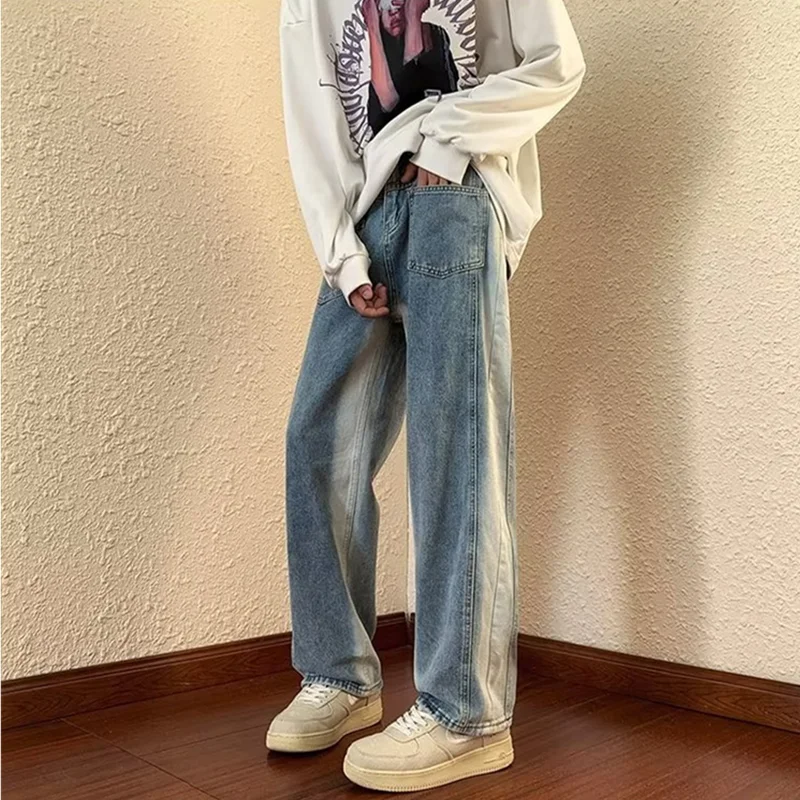 Streetwear Men New Pattern Recreational Vintage Broad Leg Gradient Brown Jeans Straight Cylinder Loose Cargo Pants Autumn Female