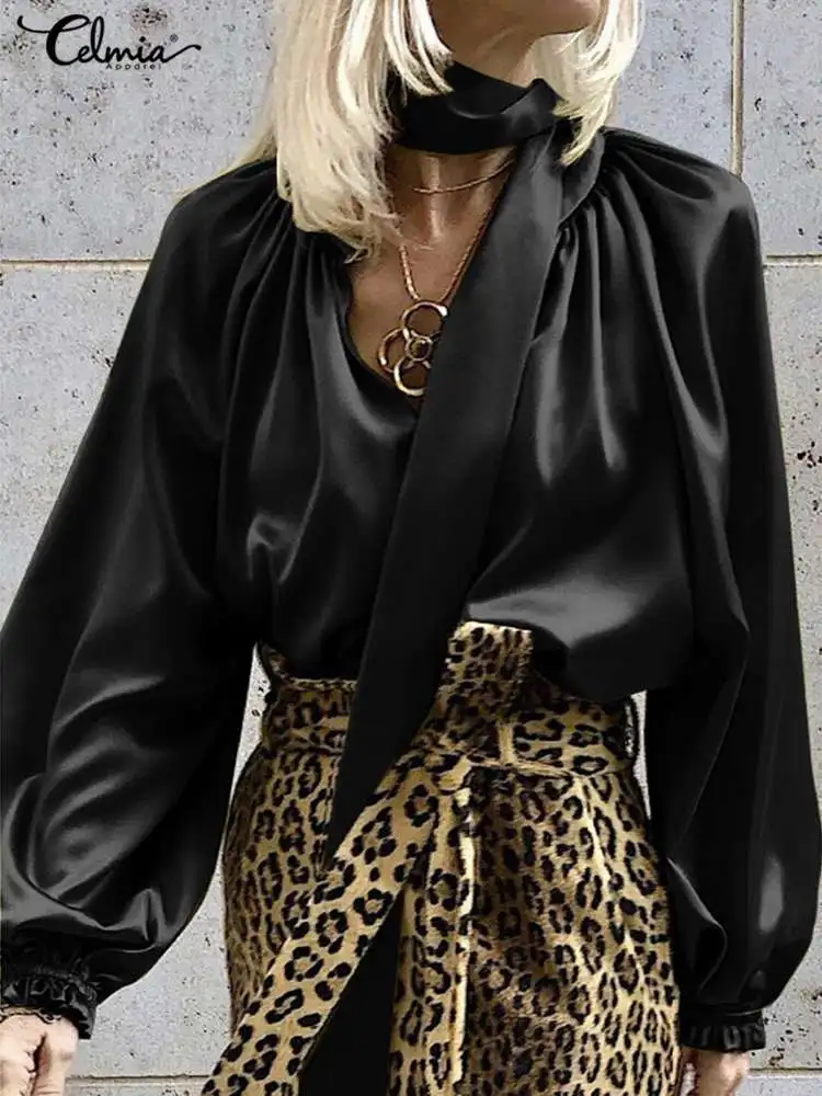 

Celmia 2022 Fashion Puff Long Sleeve Shirts Spring Elegant Women Satin Silk Blouses Sexy V Neck With Belt Party All-match Tops