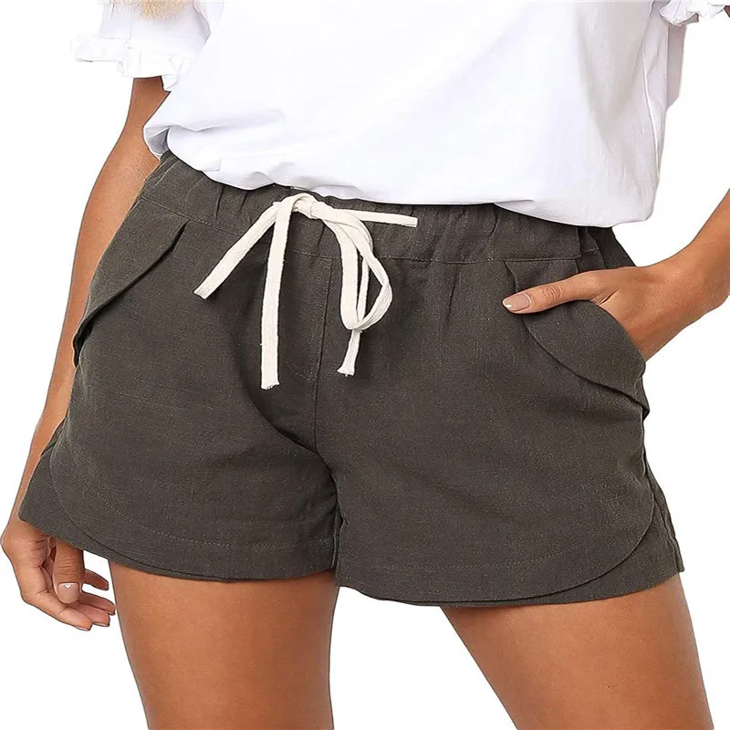 2023 Summer New Women's Simple Fashion Casual Cotton and Hemp Shorts Solid Color Pocket Drawstring Slim Fit Sexy Thin Beach Pant