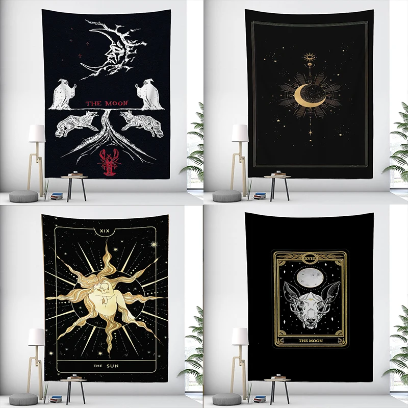 

Tarot Sun and Moon Tapestry with Lights Black Occult Witchcraft Wall Tapestries Hippie Decoration Home Rugs Room Decor Blanket