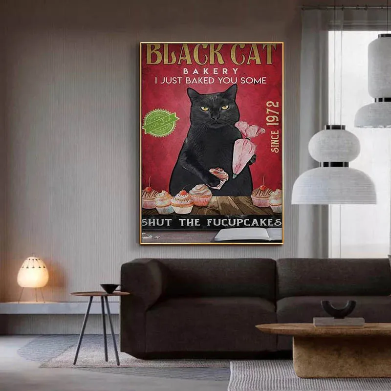 Креативная Картина на холсте с мультяшным черным котом плакат и принты Настенная