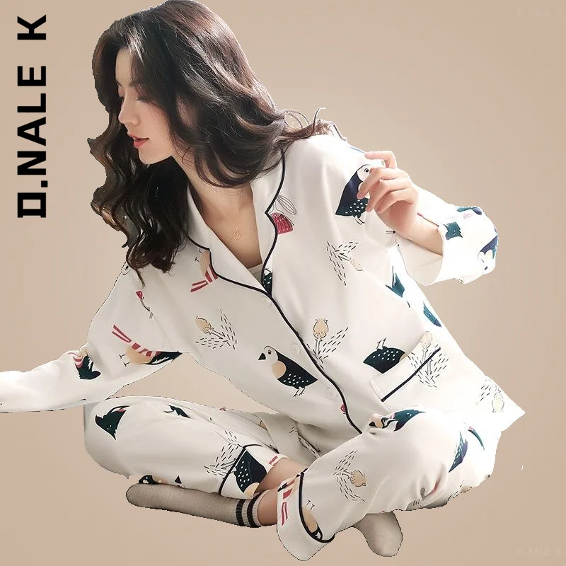 

D.Nale K Long Sleeve Trousers Women Two-piece Pyjama Sweet Sleepwear Women Simple Cardigan Homewear Pure Cotton Pajamas Set