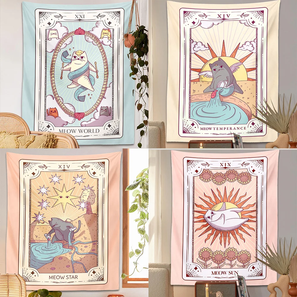 

Гобелен Tarot с милым котом, настенный гобелен, Карты Таро, психоделический мультяшный Boho Witchcraft Sun Moon Star Hippie, декор для детской комнаты, спальни