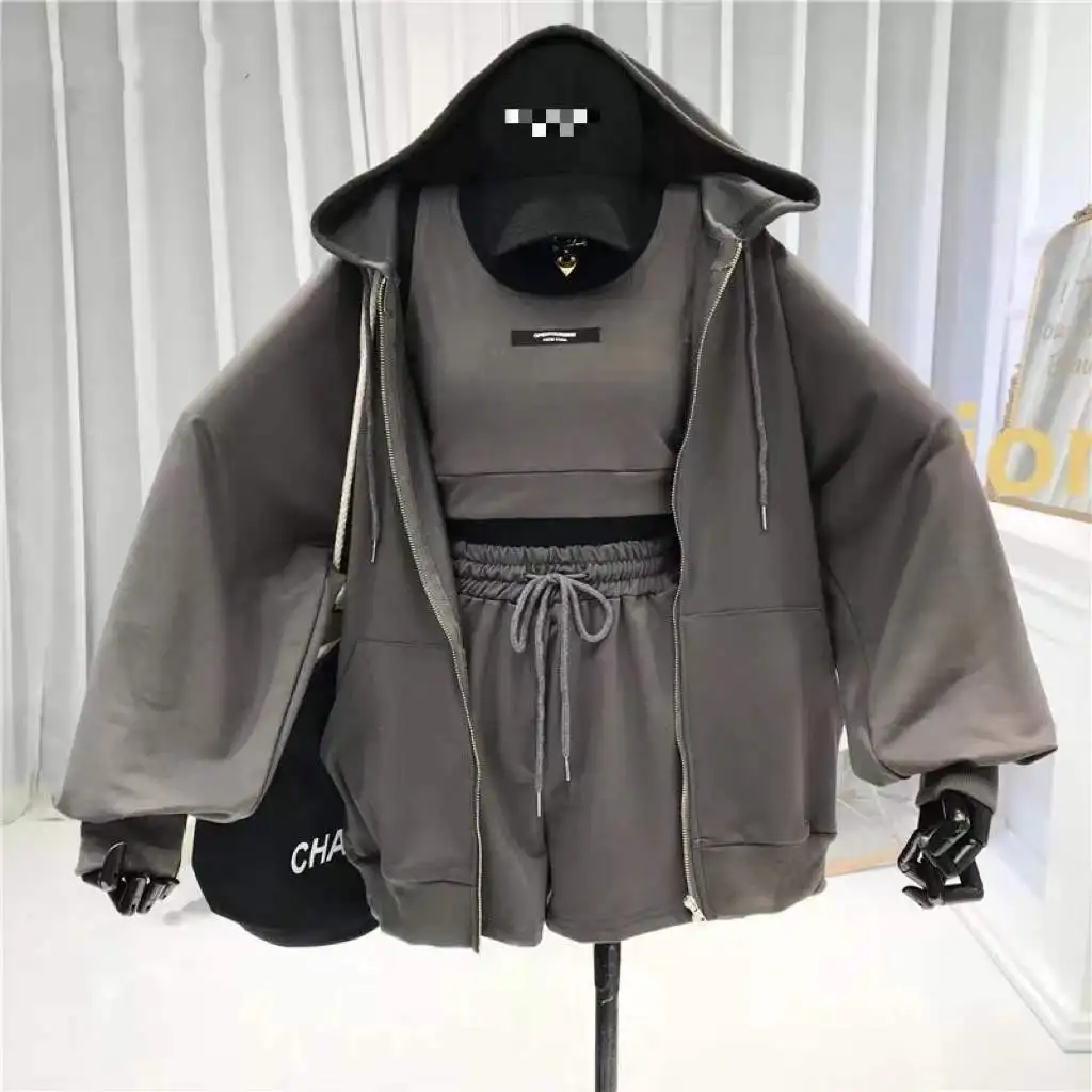 Casual Shorts Three 3 Piece Sets Women Vest Drawstring Shorts Hooded Zipper Jacket Sportswear Suits Female Solid Sports Hoodie images - 6
