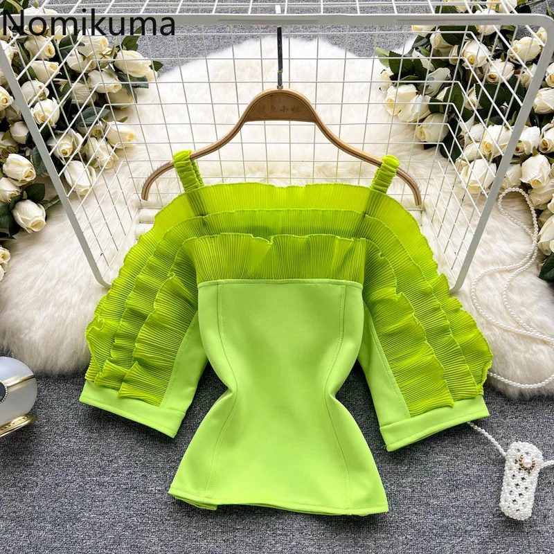 

Nomikuma Blusas Mujer De Moda 2022 Slash Neck Ruffles Patchwork Off Shoulder Roupas Femininas Vintage Elegant Shirts for Women