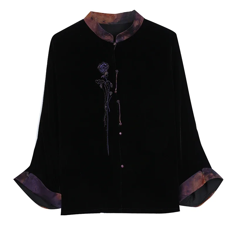 Женская бархатная рубашка с цветочной вышивкой элегантная повседневная