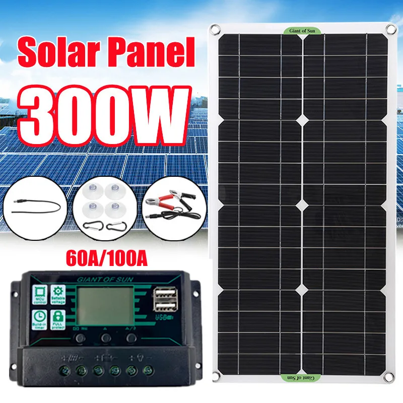 

Набор солнечных панелей 300 Вт, двойной разъем USB, 12/5 В постоянного тока, с контроллером зарядки 60 А, 100 А, для зарядки батарей на яхте, в машин...