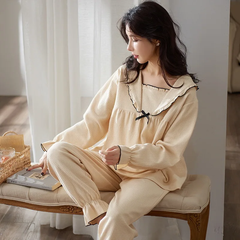 Women's Pajamas Spring, Autumn and Winter Long-sleeved Suit Court Style Retro Princess Style Waffle Ladies Home Service