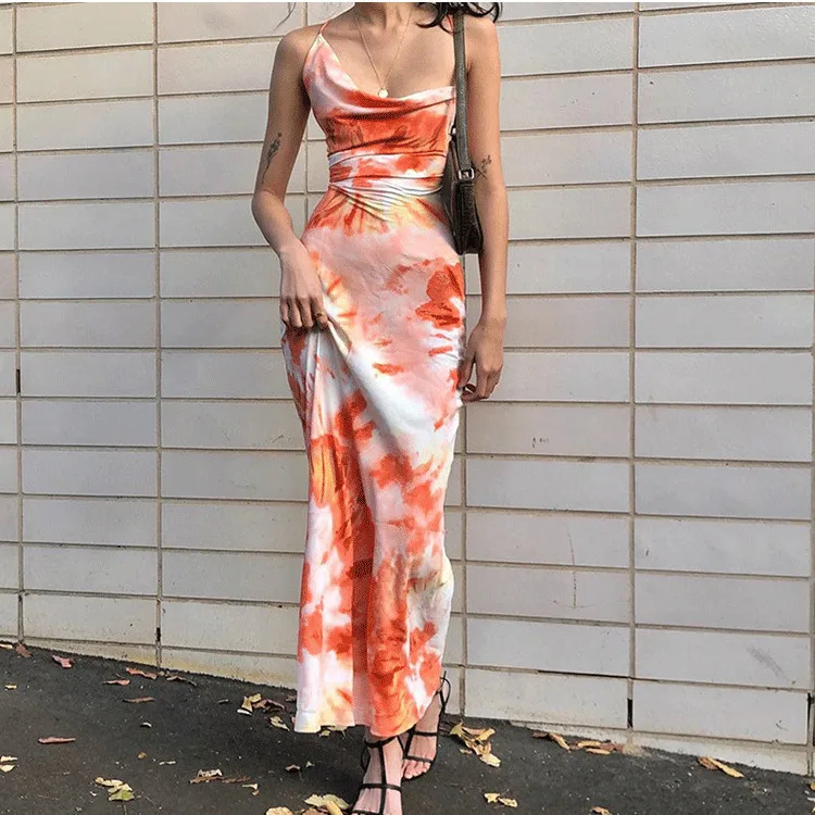 

Back Cross Tie Dyed Maxi Dress Party Elegant Women's Straps Dress Summer Spaghetti Straps Long Sundress