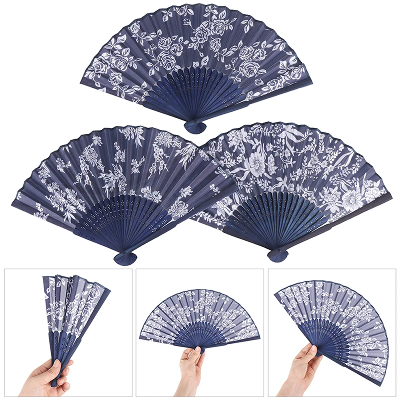 

1PCS Chinese Style Flower Design Blue Fabric Hand Fan Wedding Party Favor Gifts
