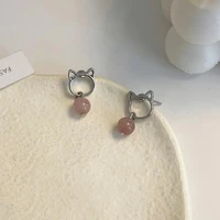 fashion cute cat stud earrings for women girls korean style strawberry crystal pink earrings female aesthetic charm jewelry