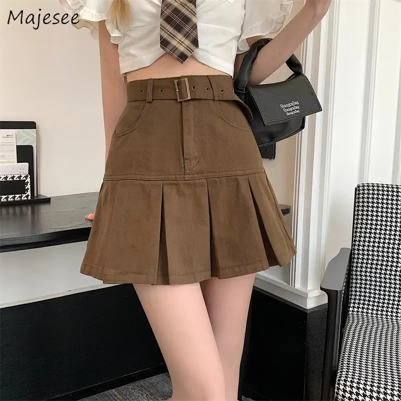 

Skirts Women Folds Design England Style Fashion Elegant Retro A-line High Waist All-match Summer Solid Leisure Sweet Popular Ins