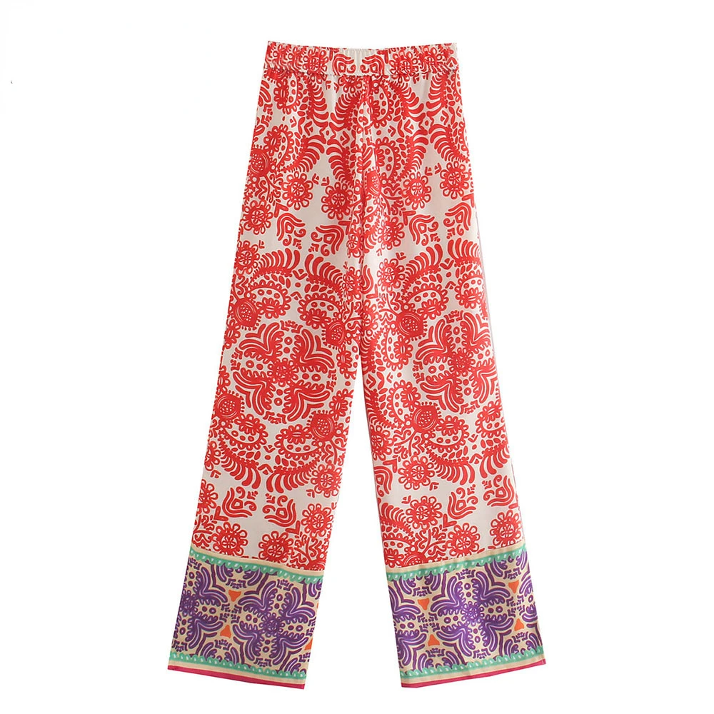 

fashionableWomen Chic Fashion Patchwork Totem Print Straight Pants Vintage High Elastic Waist Slit Female Trousers Mujer