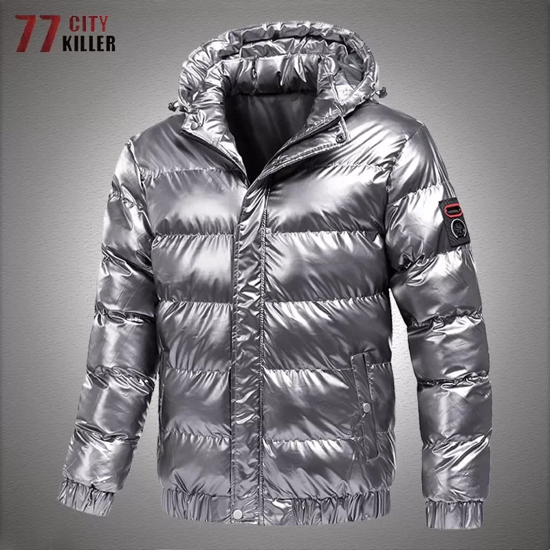 

2022NEW Glossy Silver Jacket Men Thick Warm Mens Parka Solid Hooded Fashion Casual Zipper Parkas hombre invierno Plus Size M-4XL